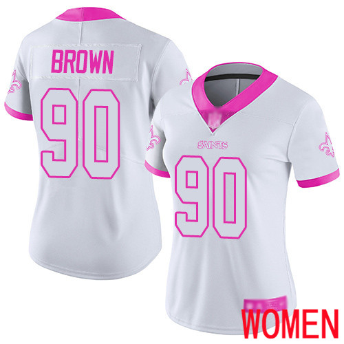 New Orleans Saints Limited White Pink Women Malcom Brown Jersey NFL Football #90 Rush Fashion Jersey->youth nfl jersey->Youth Jersey